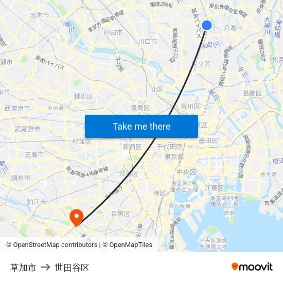 草加市 to 世田谷区 map