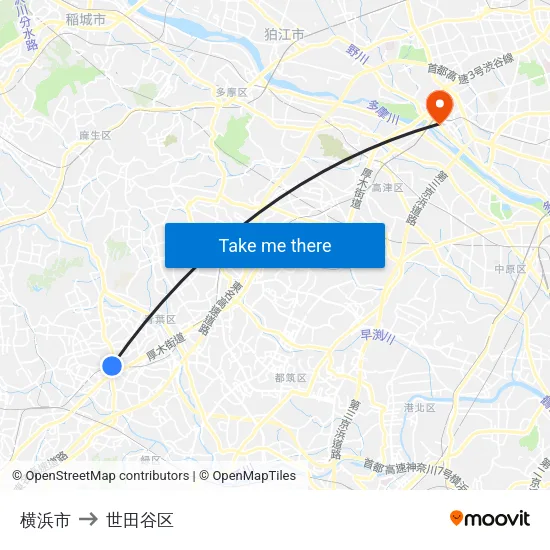 横浜市 to 世田谷区 map