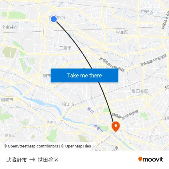 武蔵野市 to 世田谷区 map