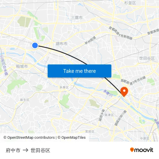 府中市 to 世田谷区 map