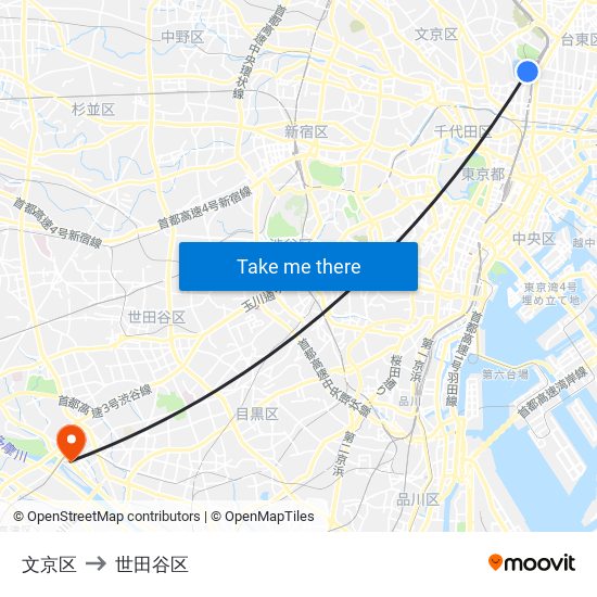 文京区 to 世田谷区 map
