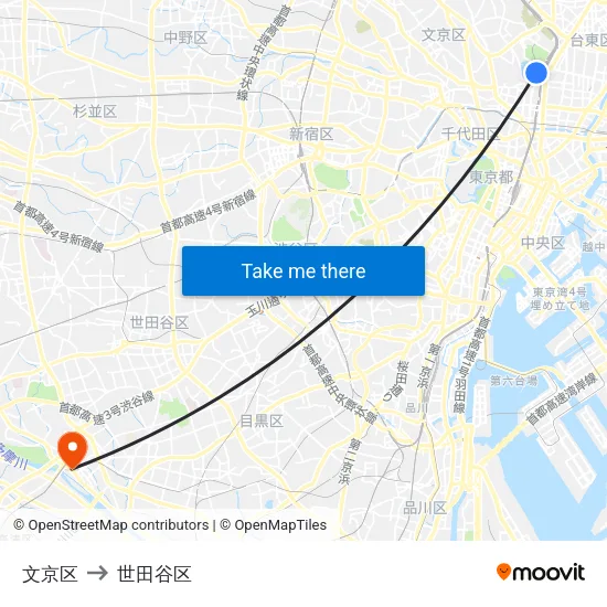 文京区 to 世田谷区 map