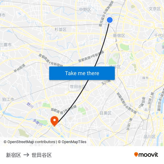 新宿区 to 世田谷区 map