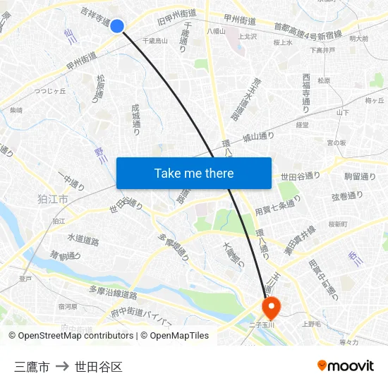 三鷹市 to 世田谷区 map