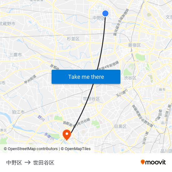 中野区 to 世田谷区 map