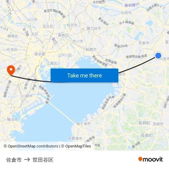 佐倉市 to 世田谷区 map