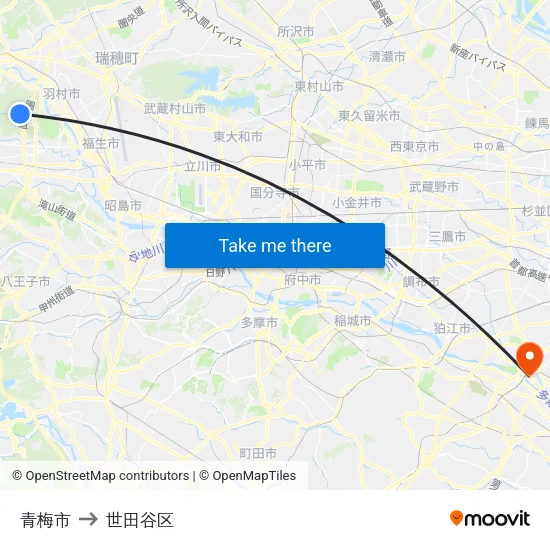 青梅市 to 世田谷区 map