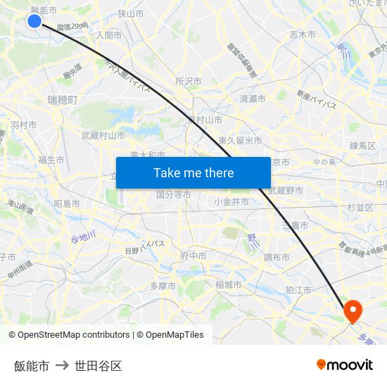 飯能市 to 世田谷区 map