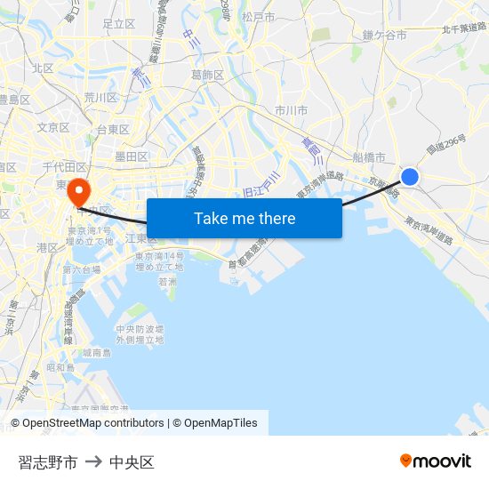 習志野市 to 中央区 map