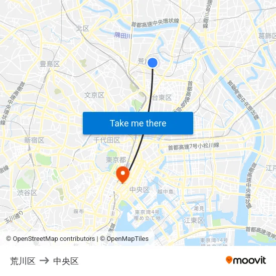 荒川区 to 中央区 map