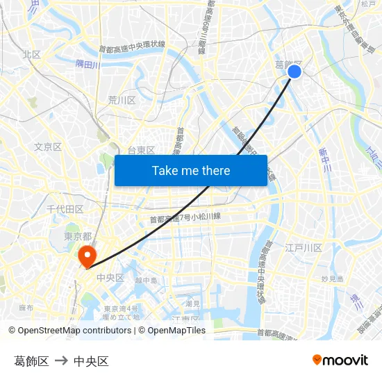 葛飾区 to 中央区 map