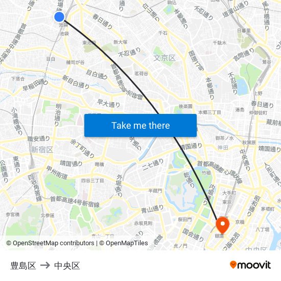 豊島区 to 中央区 map