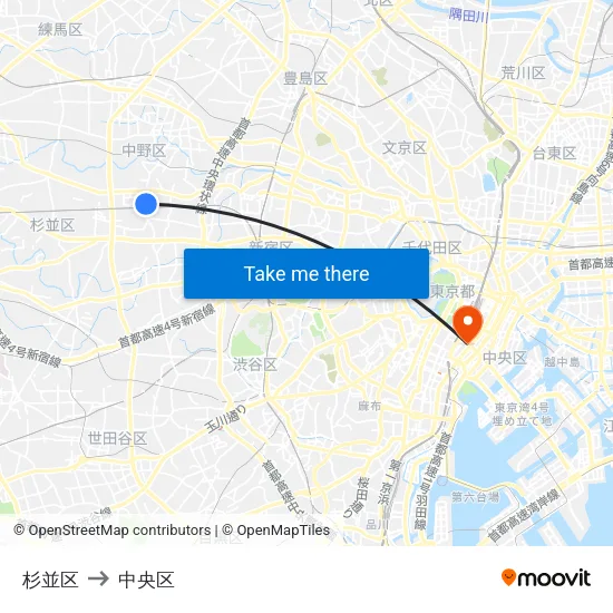 杉並区 to 中央区 map