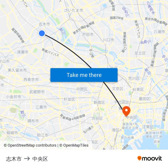 志木市 to 中央区 map