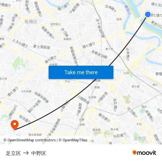 足立区 to 中野区 map