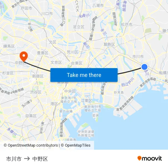 市川市 to 中野区 map