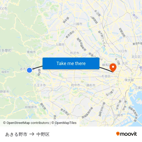 あきる野市 to 中野区 map