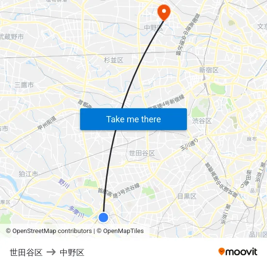世田谷区 to 中野区 map