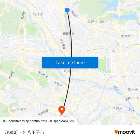 瑞穂町 to 八王子市 map