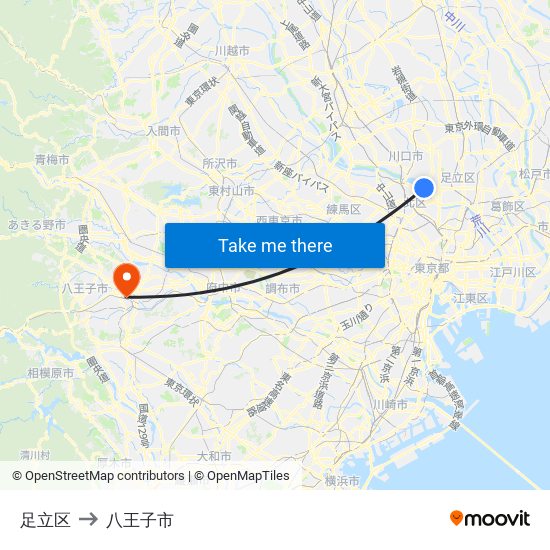 足立区 to 八王子市 map