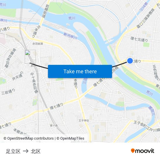 足立区 to 北区 map