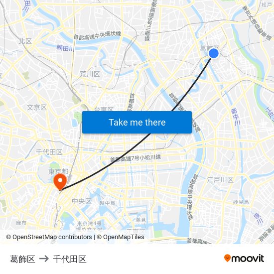 葛飾区 to 千代田区 map