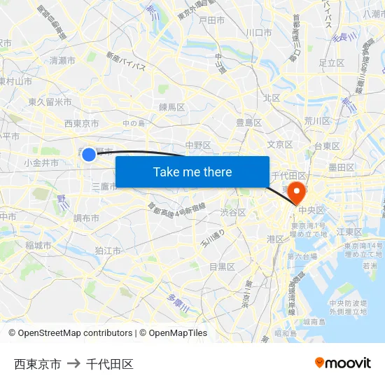 西東京市 to 千代田区 map