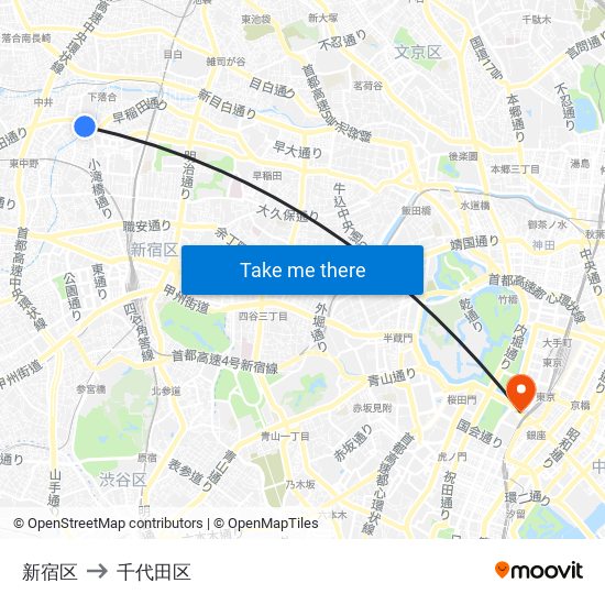 新宿区 to 千代田区 map