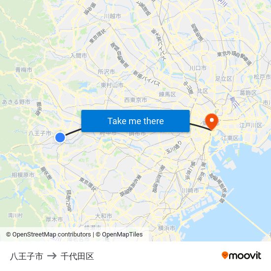 八王子市 to 千代田区 map