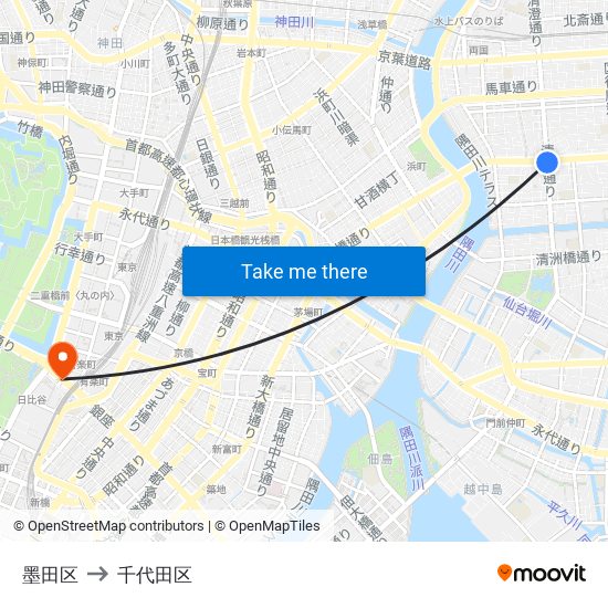墨田区 to 千代田区 map