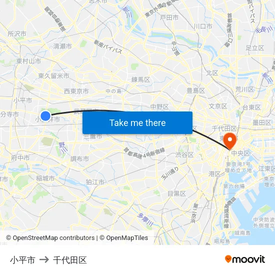 小平市 to 千代田区 map