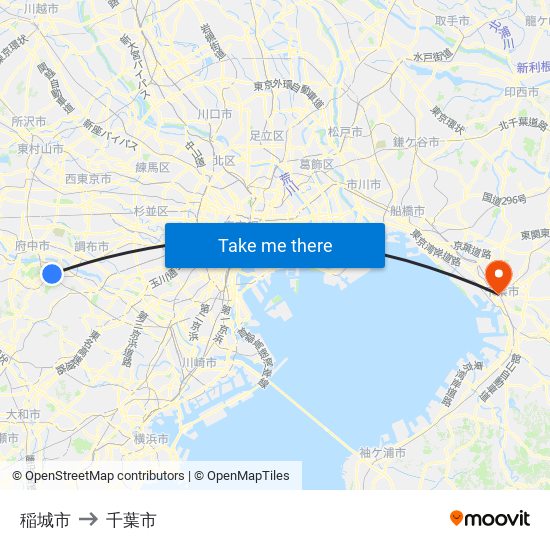 稲城市 to 千葉市 map