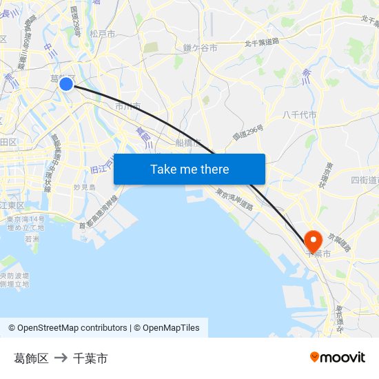 葛飾区 to 千葉市 map