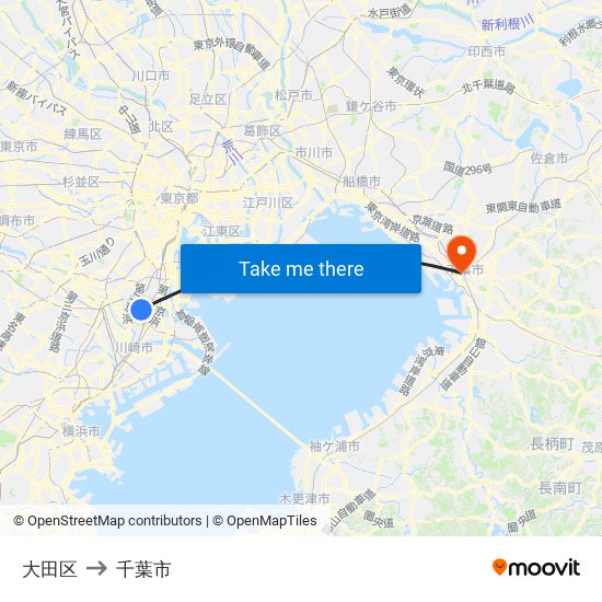 大田区 to 千葉市 map