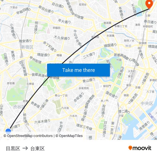 目黒区 to 台東区 map