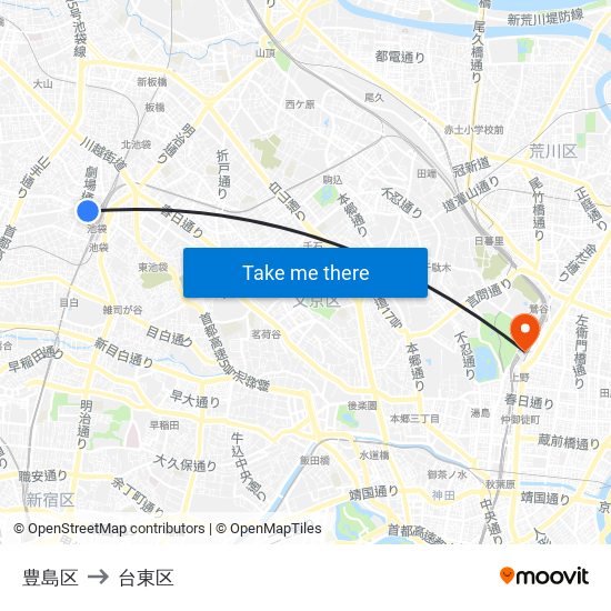 豊島区 to 台東区 map