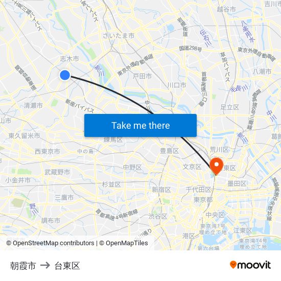 朝霞市 to 台東区 map