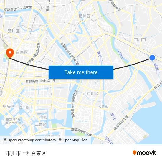 市川市 to 台東区 map