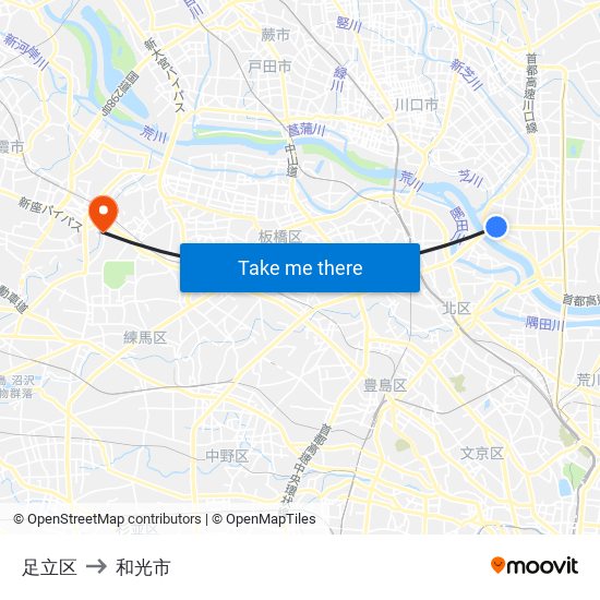 足立区 to 和光市 map