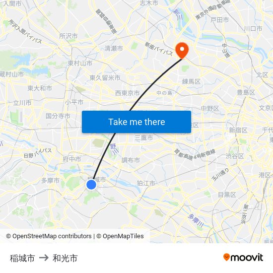 稲城市 to 和光市 map