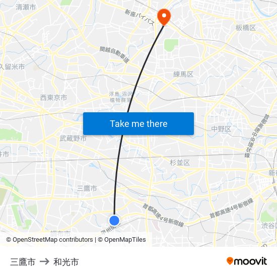 三鷹市 to 和光市 map