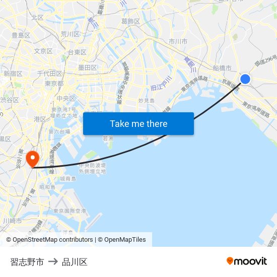 習志野市 to 品川区 map