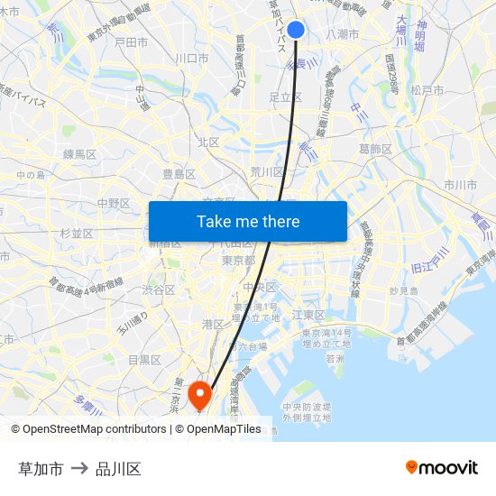 草加市 to 品川区 map
