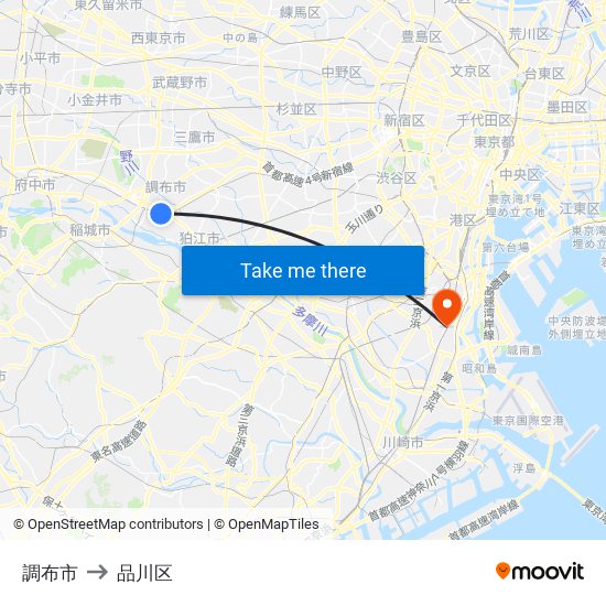 調布市 to 品川区 map