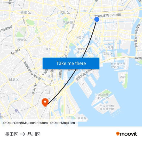 墨田区 to 品川区 map