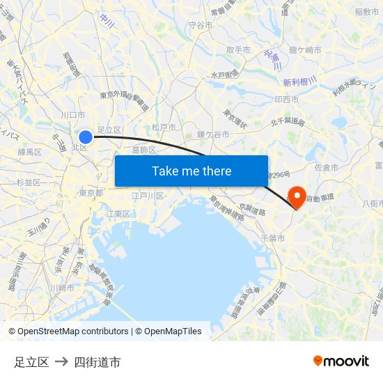 足立区 to 四街道市 map