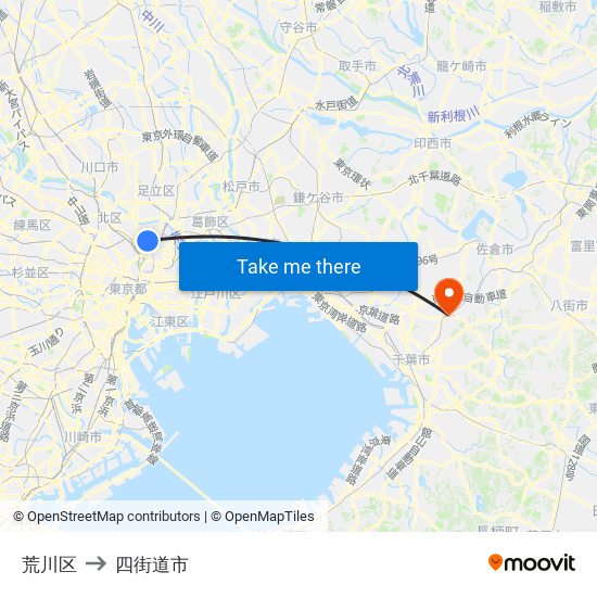 荒川区 to 四街道市 map