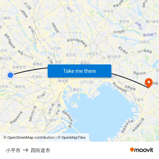 小平市 to 四街道市 map