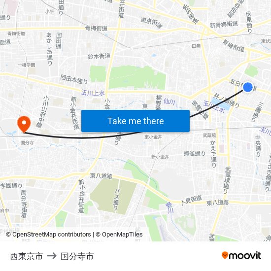 西東京市 to 国分寺市 map