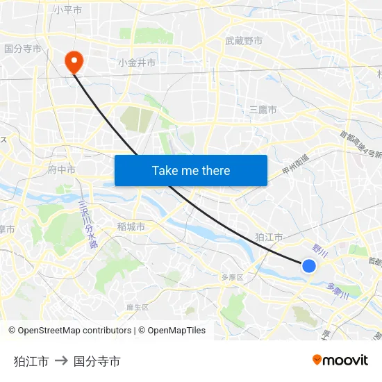 狛江市 to 国分寺市 map